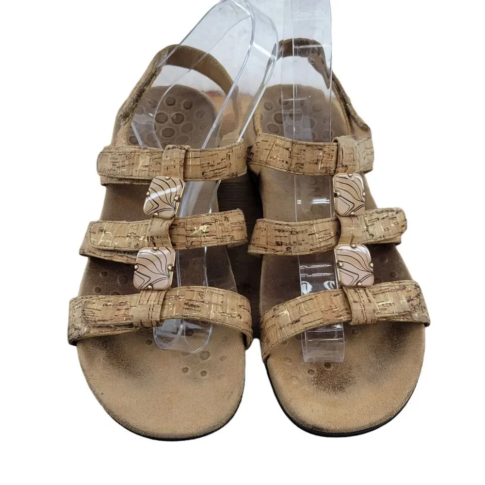 Vionic Amber‎ Adjustable Straps Sandals In Gold Cork Womens Size 7 Embellished